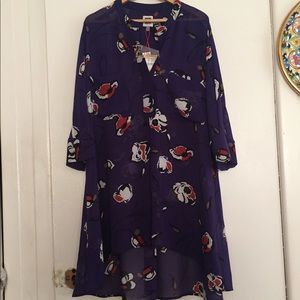 Sheer purple red floral tunic blouse top s